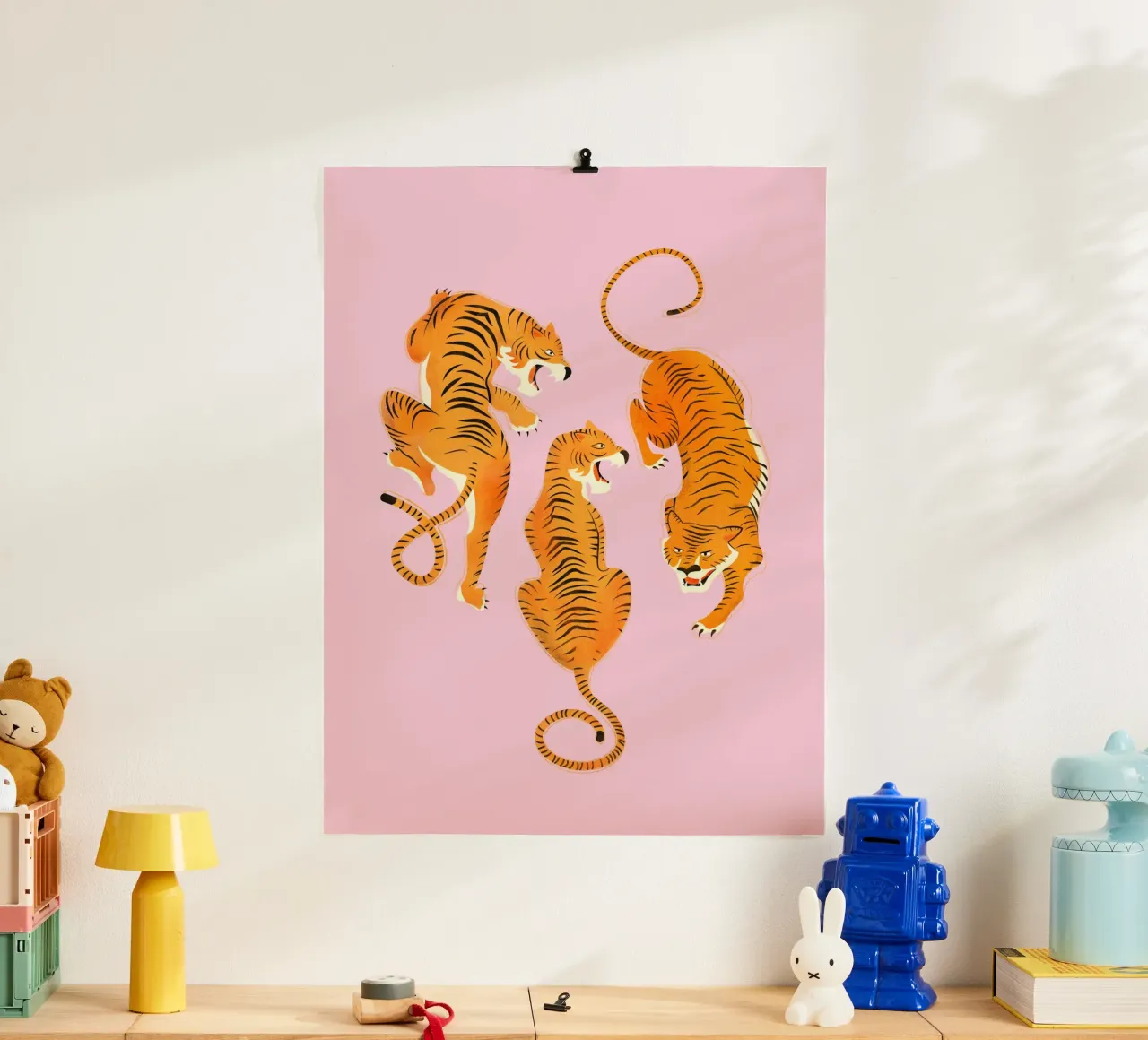Fierce Three Tigers – Bold Vintage Wildcat Illustration poster con telaio in plastica da showmemars