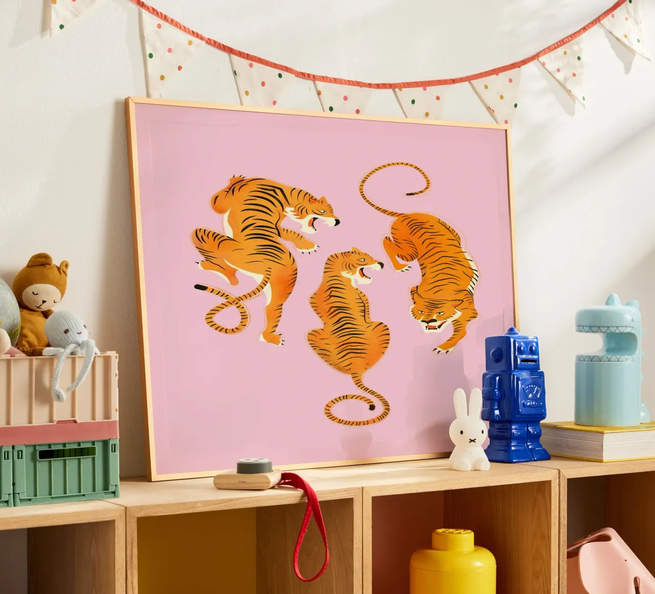Fierce Three Tigers – Bold Vintage Wildcat Illustration poster con telaio in plastica da showmemars