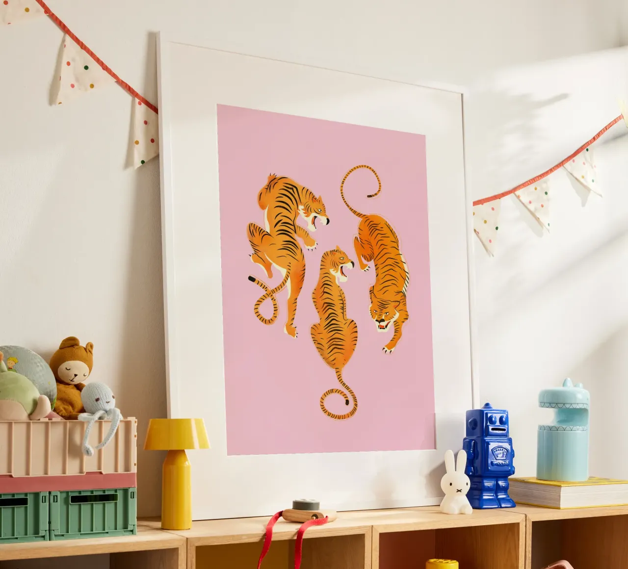Fierce Three Tigers – Bold Vintage Wildcat Illustration poster con telaio in plastica da showmemars