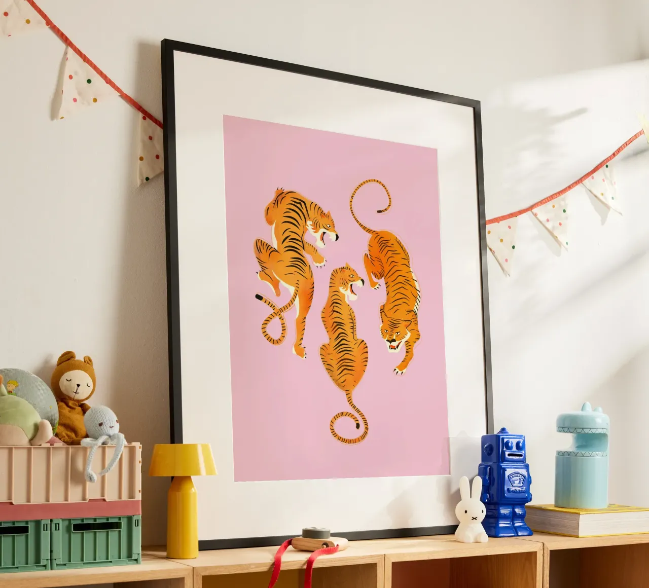 Fierce Three Tigers – Bold Vintage Wildcat Illustration poster con telaio in plastica da showmemars