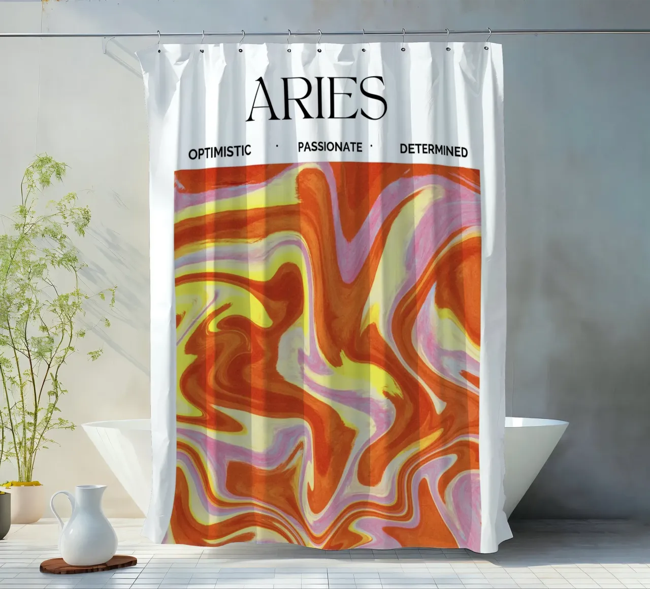 Fiery Aries Abstract Print – Bold, Passionate, and Dynamic rideau de douche de PrintCessStudio