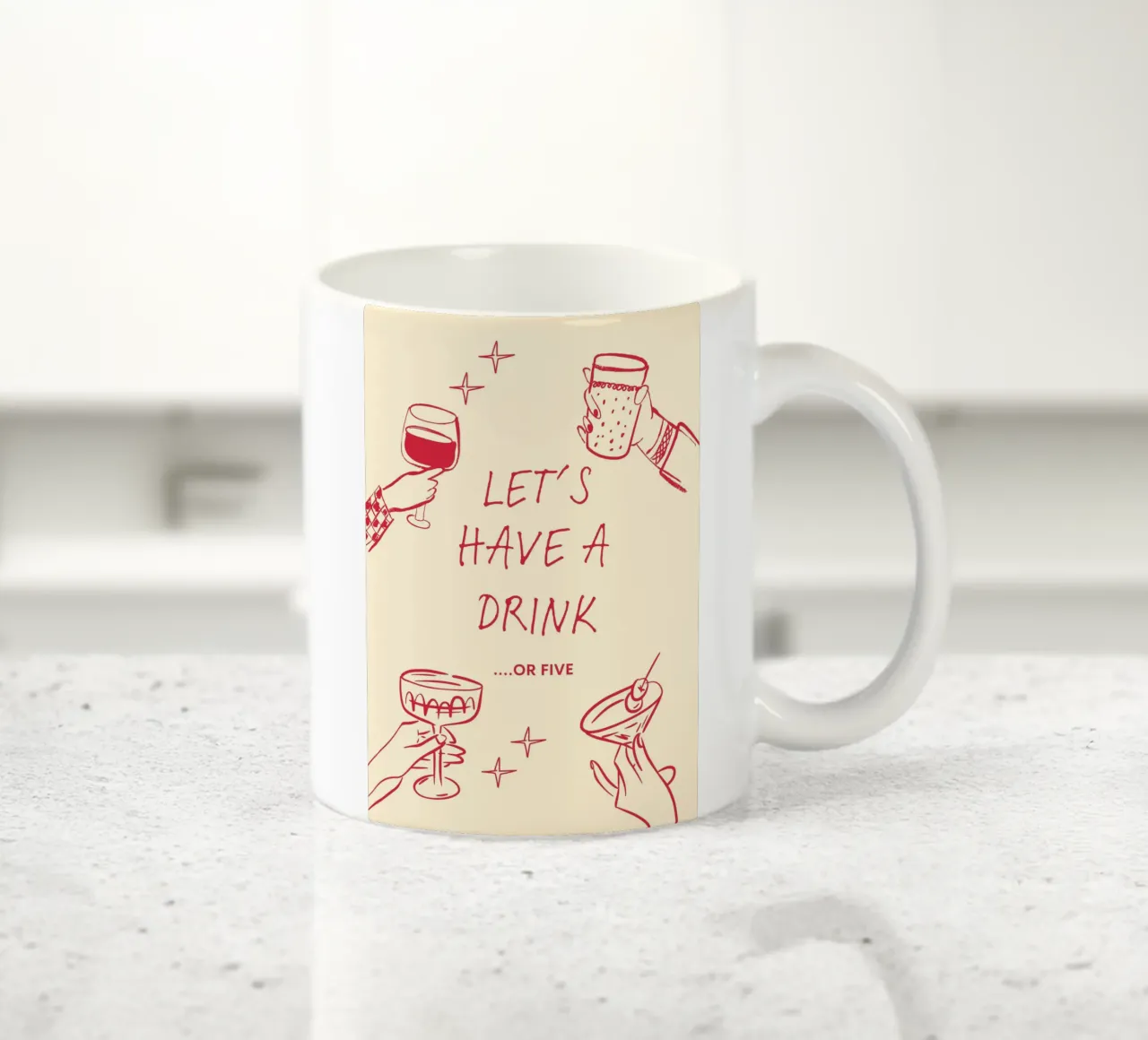 Let’s Have a Drink or Five – Fun, Bold, & Party-Ready Print tazza in ceramica da PrintCessStudio