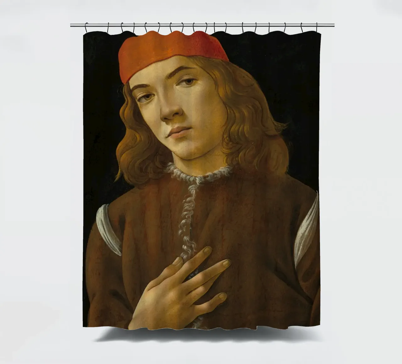 Sandro Botticelli - Portrait d'un jeune homme rideau de douche de Timeless Artworks