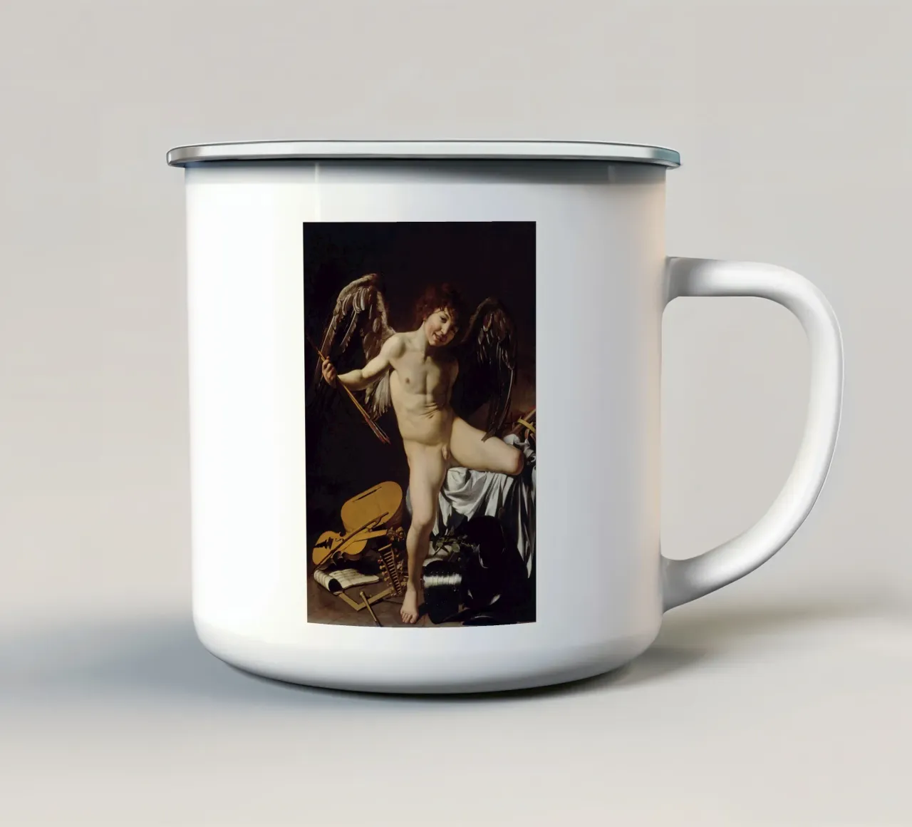 Caravaggio - Cupido come vincitore L'amore vince tutto tazza in smalto da Timeless Artworks