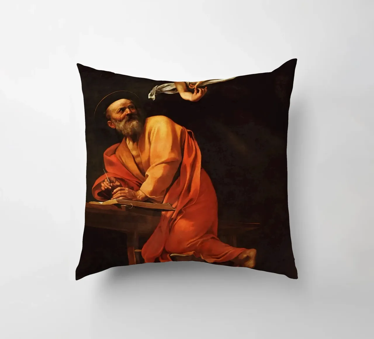 Caravaggio - L'ispirazione di San Matteo cuscino da Timeless Artworks