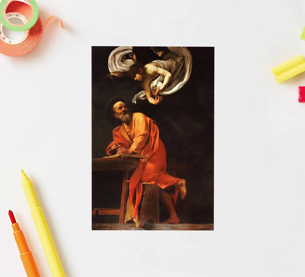 Caravaggio - La inspiración de San Mateo pegatina de Timeless Artworks