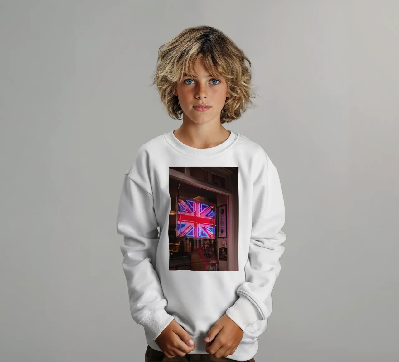 London, England I Neon light of the United Kingdom flag kids sweatshirt by Julie Travel Photography