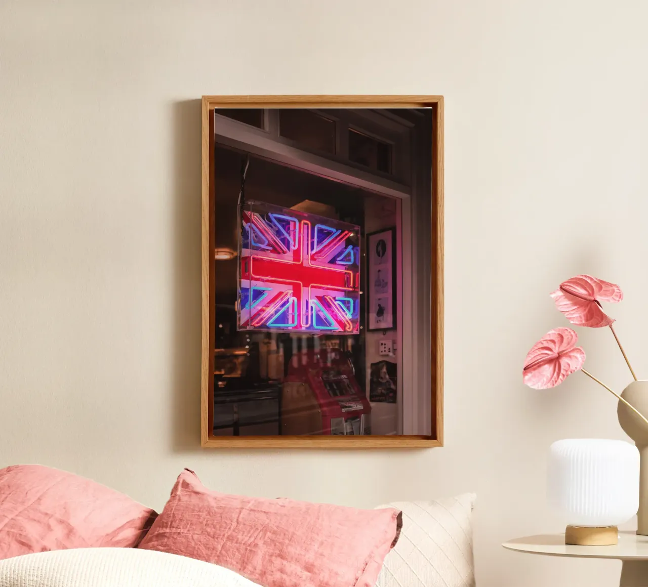 Londres, Angleterre I Néon lumineux du drapeau Royaume-Uni toile avec Caisse américaine de Julie Travel Photography