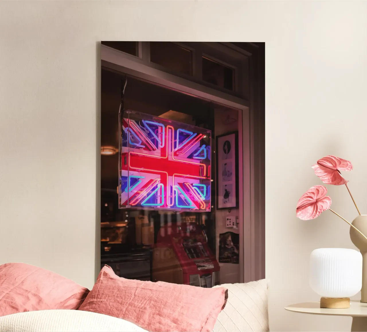 Londres, Angleterre I Néon lumineux du drapeau Royaume-Uni toile avec Caisse américaine de Julie Travel Photography