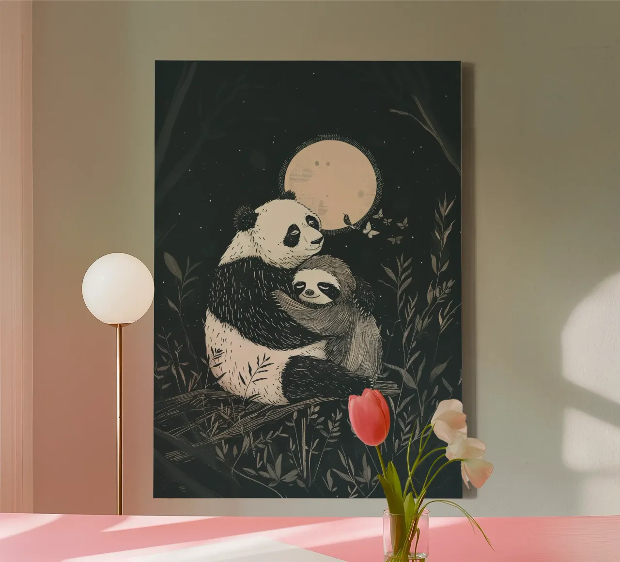 Panda sloth hug print canvas by Cat Grafic Design