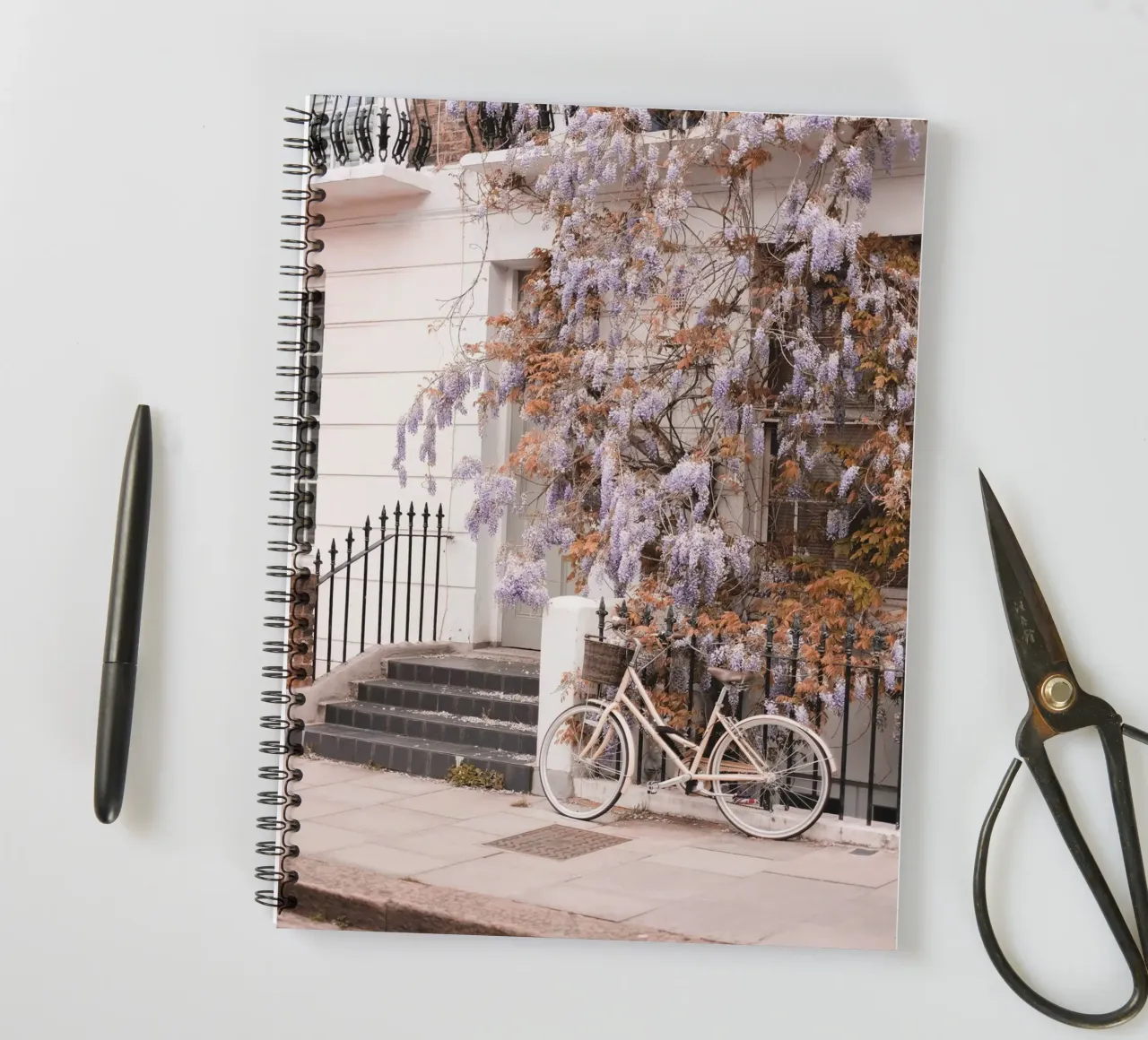 London, England I Romantic Primrose on a vintage bike spiral notebook by Julie Travel Photography