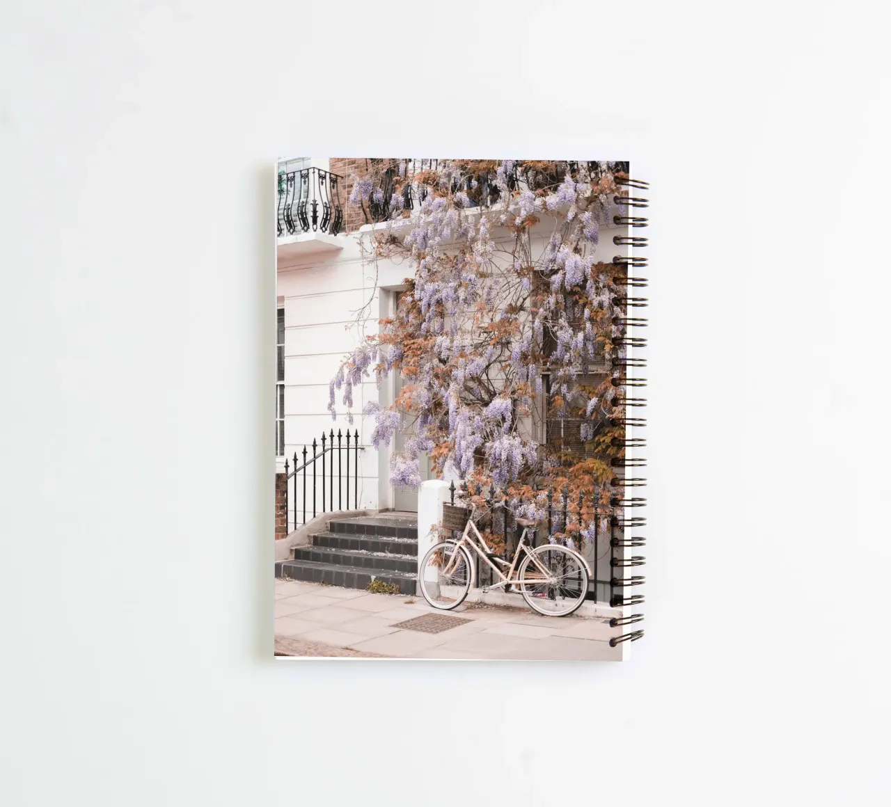 London, England I Romantic Primrose on a vintage bike spiral notebook by Julie Travel Photography
