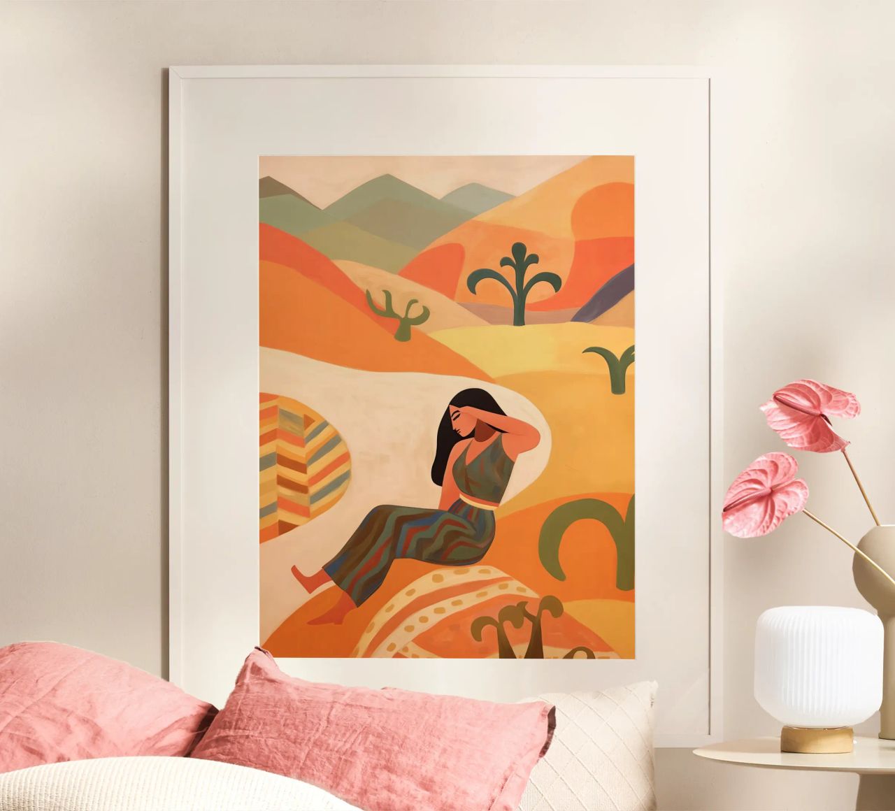 Femme s'éveillant dans le désert | Peinture naïve aux couleurs chaudes poster de Autofocus