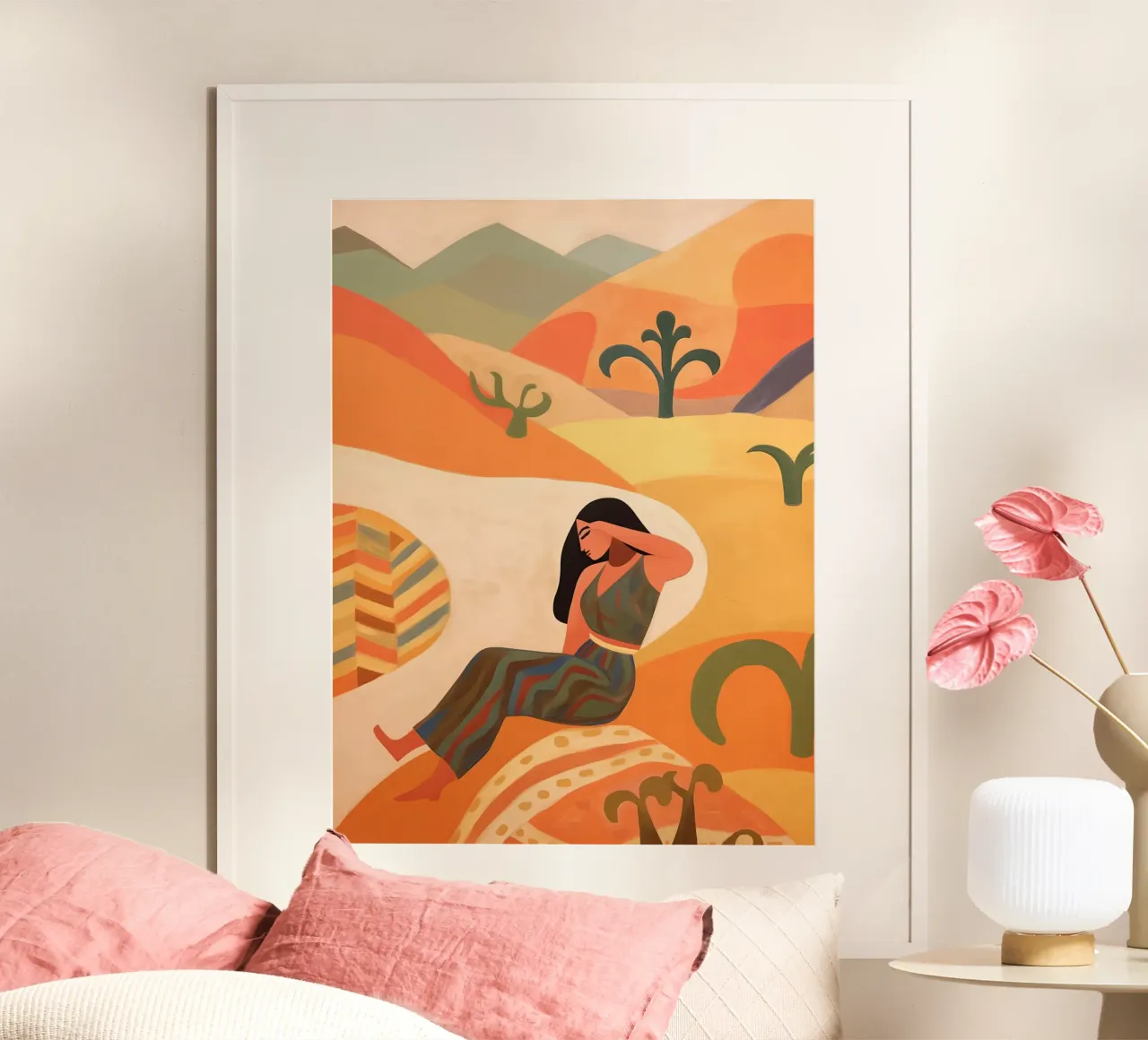 Donna che si risveglia nel deserto | Pittura naif dai colori caldi poster con telaio in plastica da Autofocus