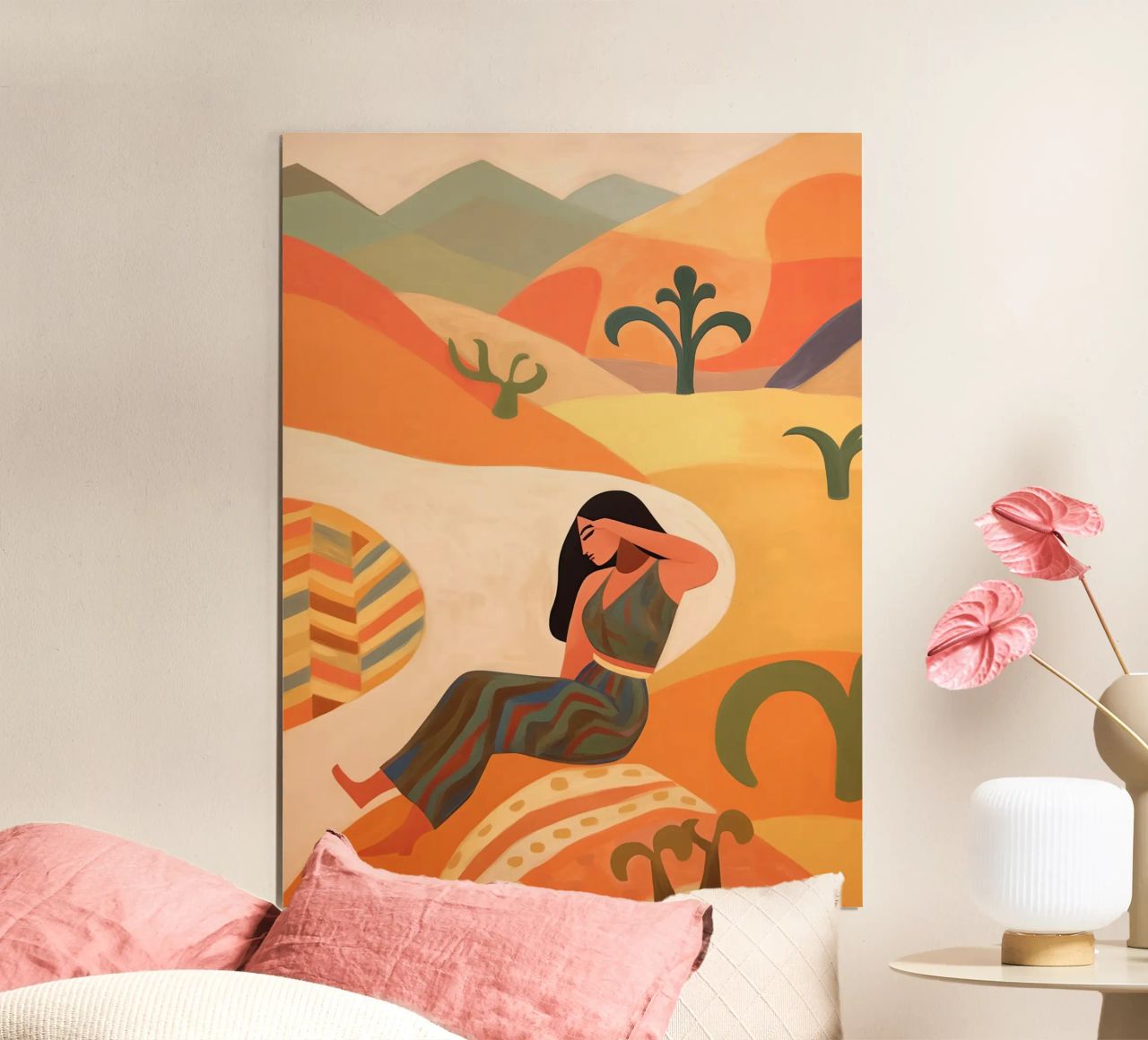 Femme s'éveillant dans le désert | Peinture naïve aux couleurs chaudes poster de Autofocus