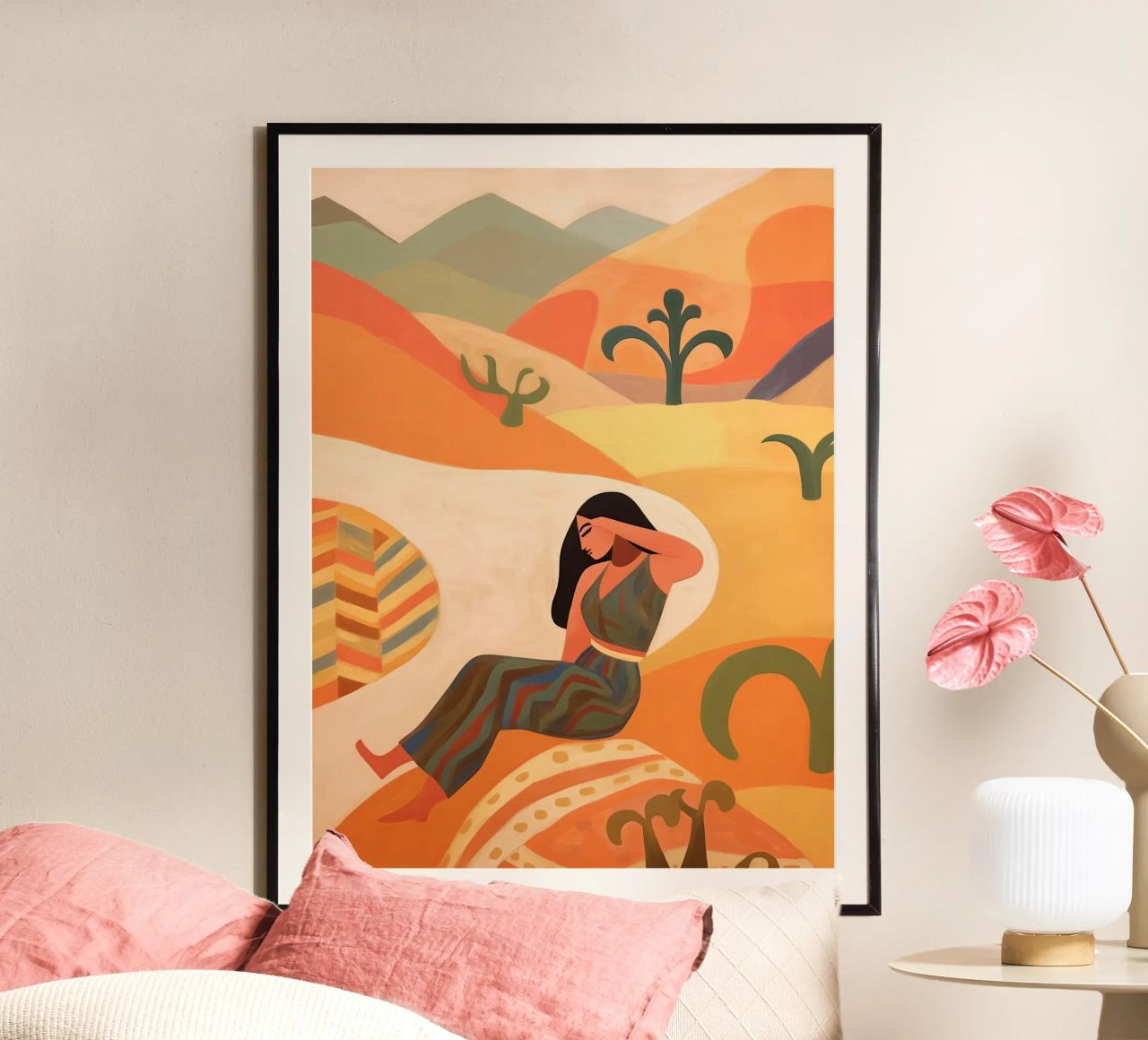 Femme s'éveillant dans le désert | Peinture naïve aux couleurs chaudes poster de Autofocus