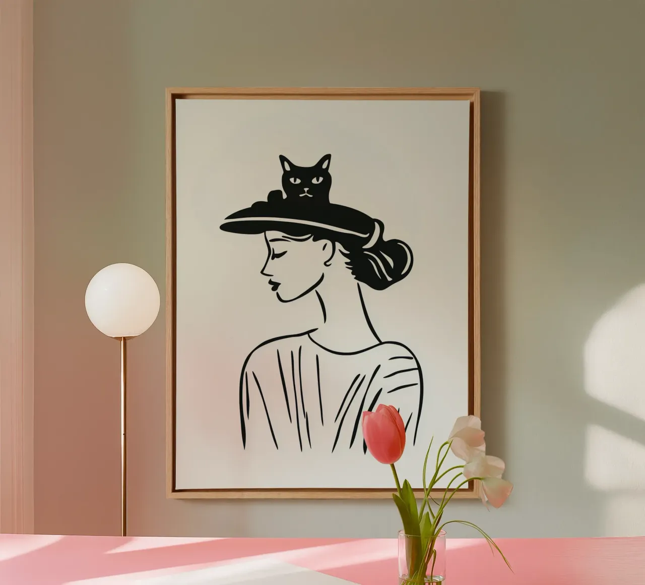 Vrouw met kat in hoed | Tekening canvas met Baklijst van Autofocus