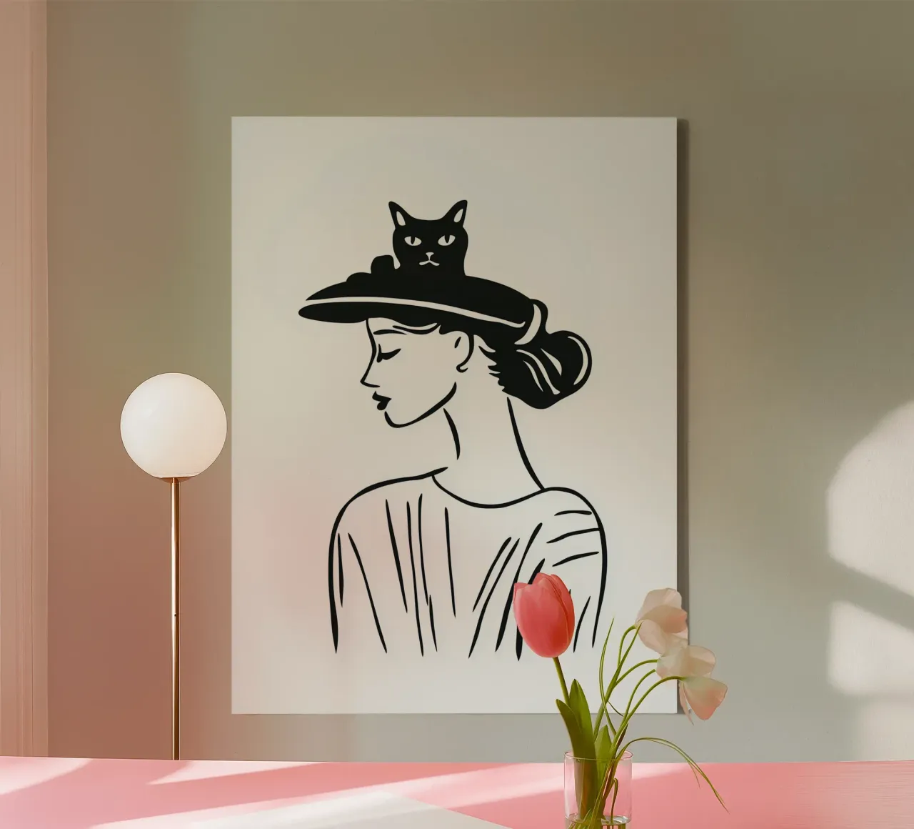 Vrouw met kat in hoed | Tekening canvas met Baklijst van Autofocus
