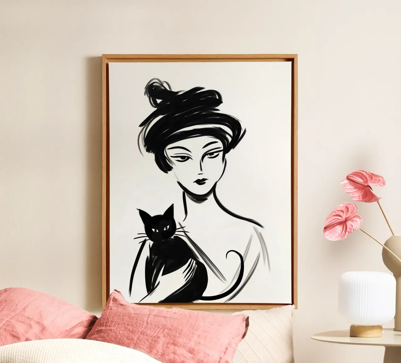 Modello femminile con gatto e capelli arruffati tela con Cornice a cassetta da Autofocus
