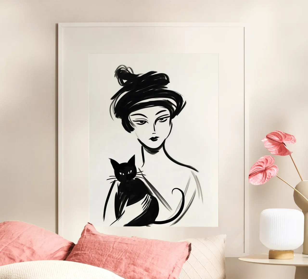 Modello femminile con gatto e capelli arruffati poster con telaio in legno da Autofocus