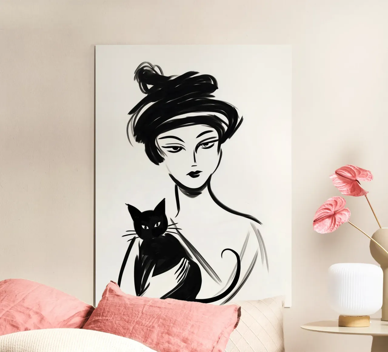 Modello femminile con gatto e capelli arruffati poster con telaio in legno da Autofocus