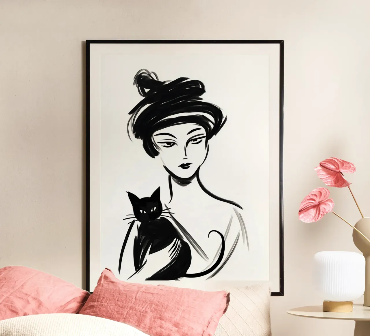 Modello femminile con gatto e capelli arruffati poster con telaio in legno da Autofocus