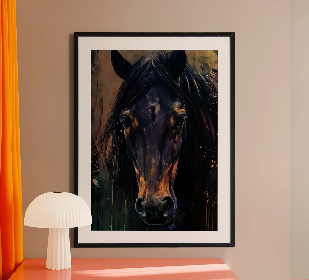 cavallo nero Arte dell'acquerello poster con telaio in plastica da kaiyaraiya