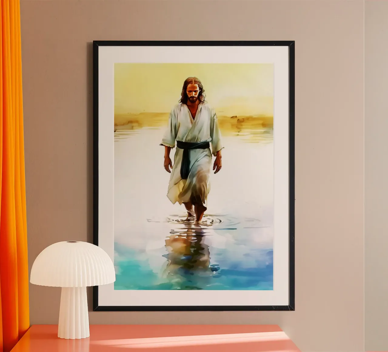 Gesù ha camminato sull'acqua Acquerello poster con telaio in plastica da kaiyaraiya