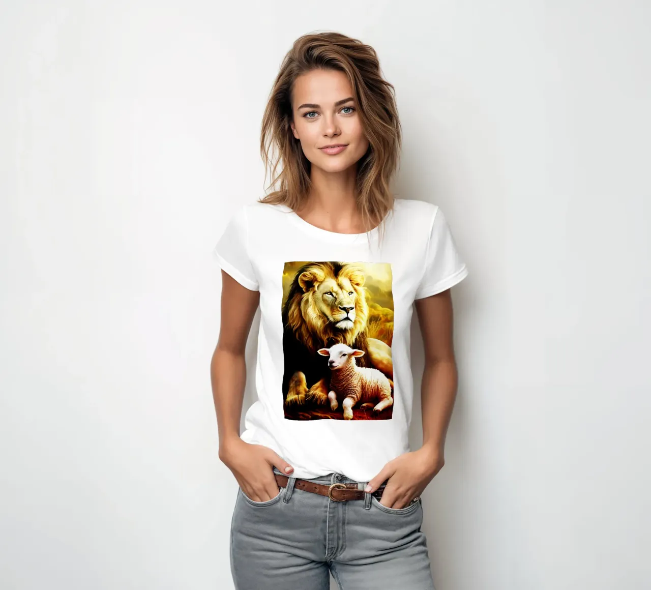 Löwe und Lamm Aquarellmalerei Frauen T-Shirt von kaiyaraiya