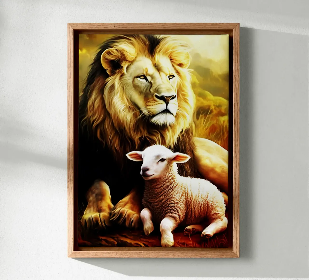 leone e agnello ad acquerello tela con Cornice a cassetta da kaiyaraiya