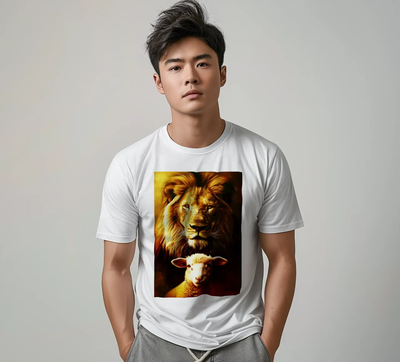 leone e agnello acquerello design t-shirt da kaiyaraiya