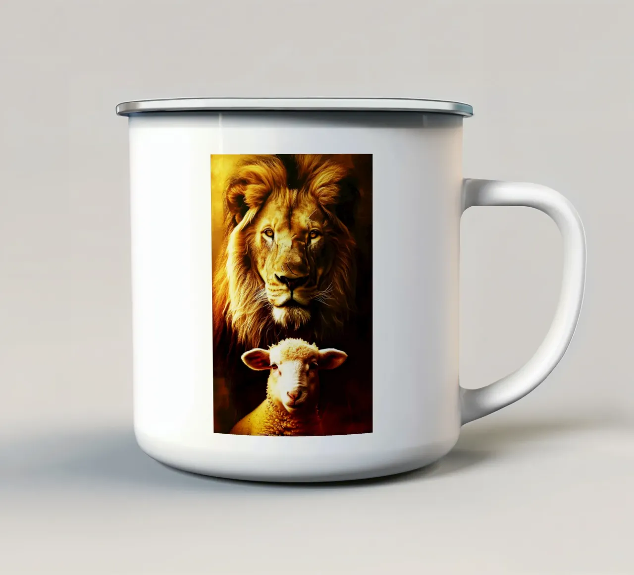leone e agnello acquerello design tazza in smalto da kaiyaraiya