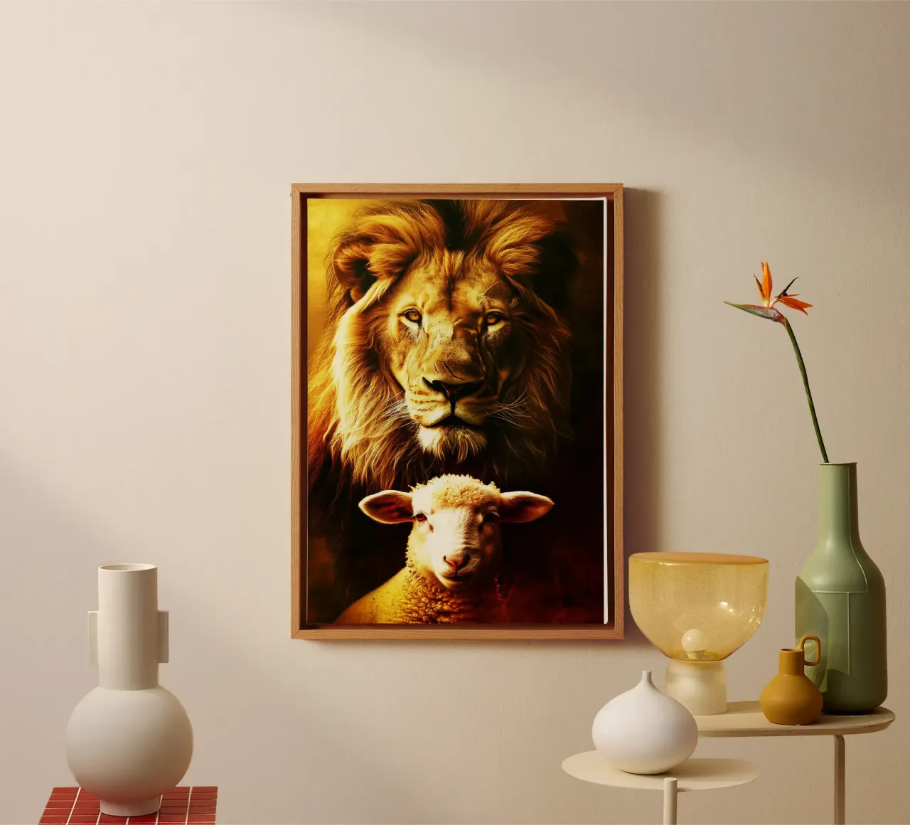 leone e agnello acquerello design tela con Cornice a cassetta da kaiyaraiya