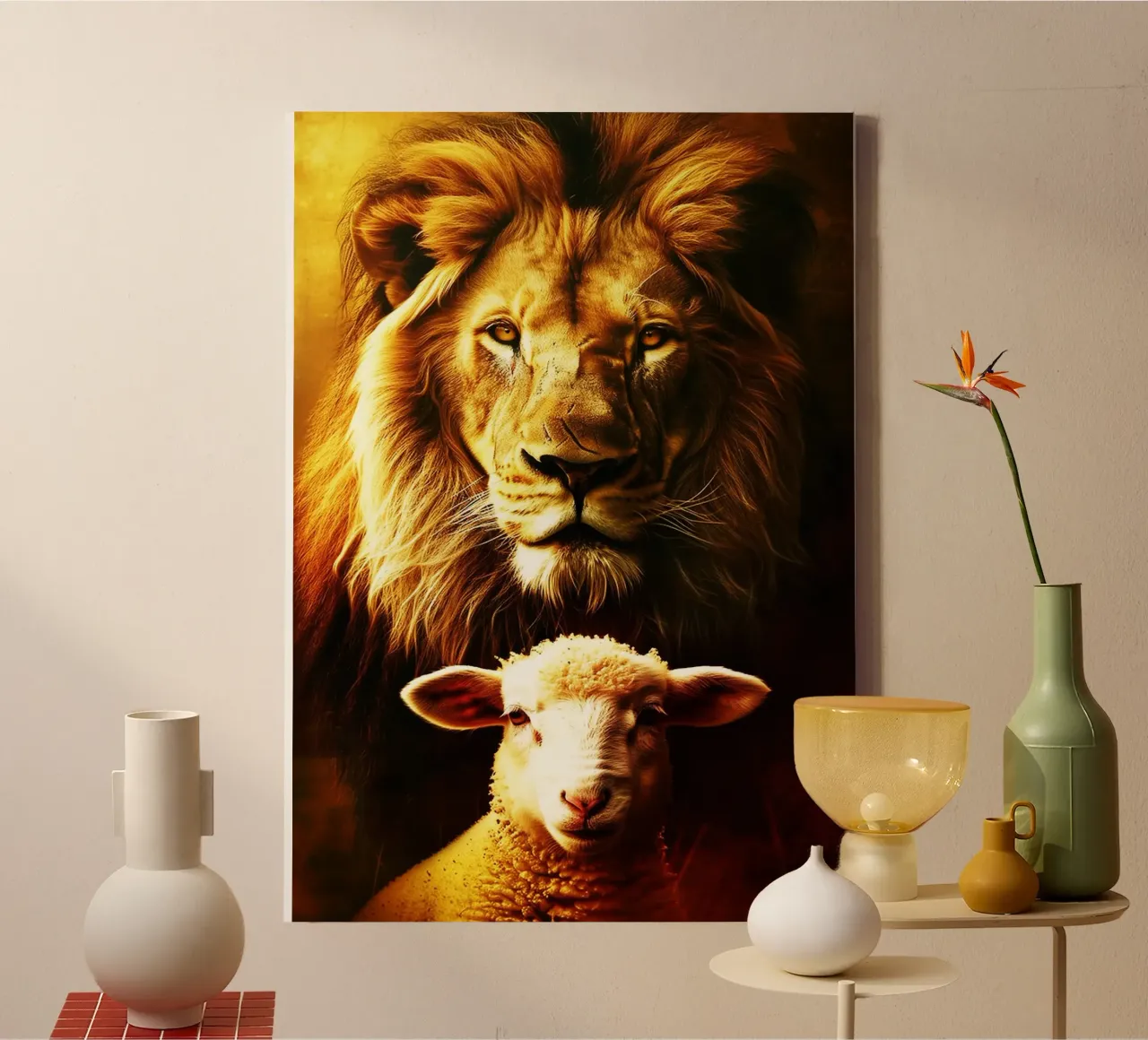 leone e agnello acquerello design tela con Cornice a cassetta da kaiyaraiya