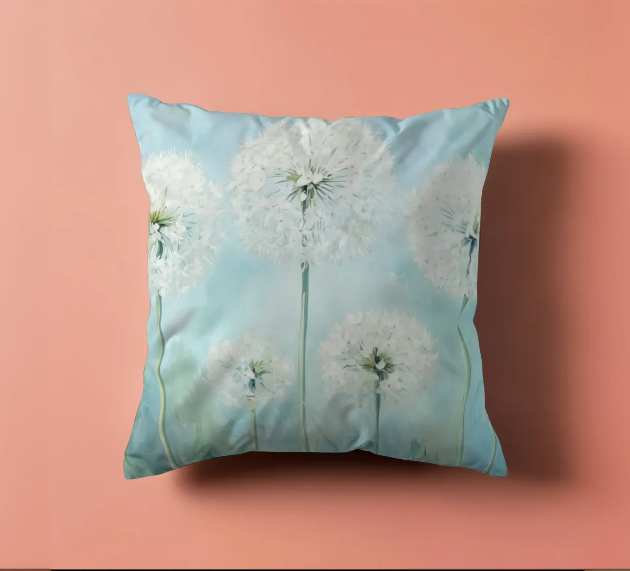 Dreamy Blue Dandelion Fields decorative cushion by Modern Muse