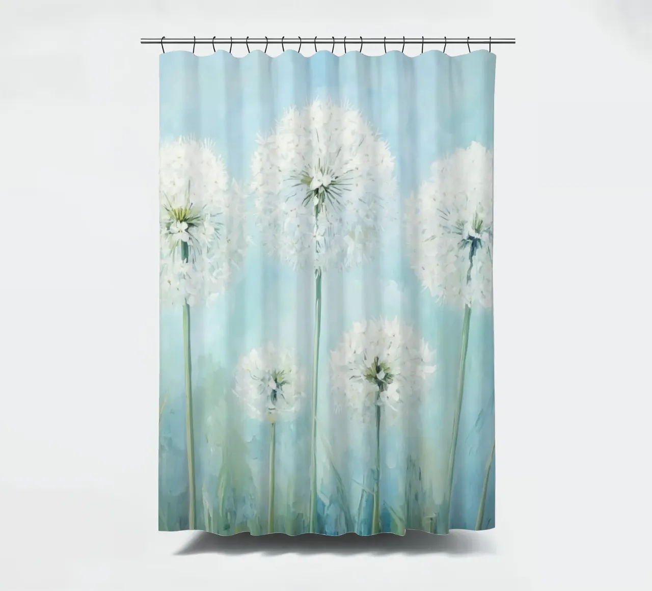 Dreamy Blue Dandelion Fields shower curtain by Modern Muse