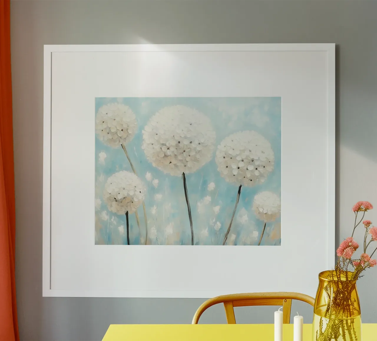 Prato blu con fiori di dente di leone poster con telaio in legno da Modern Muse