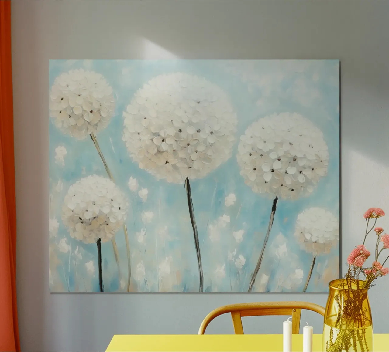 Prato blu con fiori di dente di leone poster con telaio in legno da Modern Muse