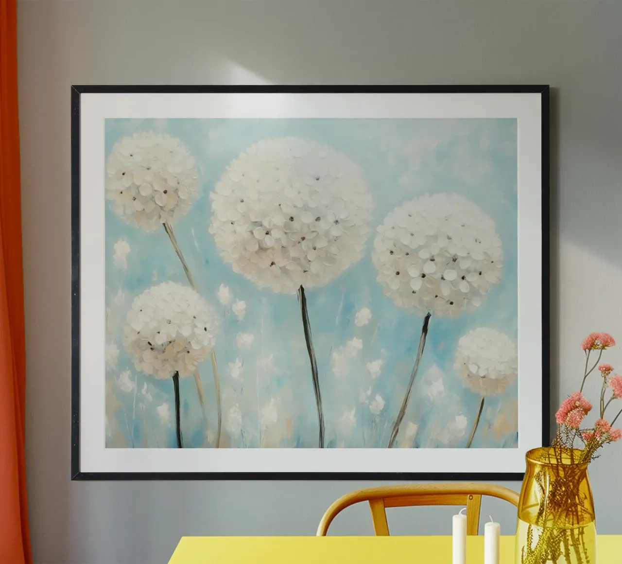 Prato blu con fiori di dente di leone poster con telaio in legno da Modern Muse