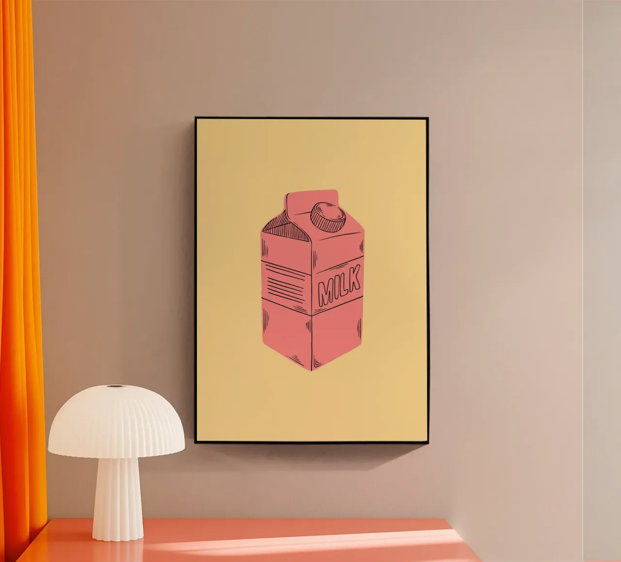 Retro Pink Milk Carton on Yellow Background Print plexiglass da PrintCessStudio