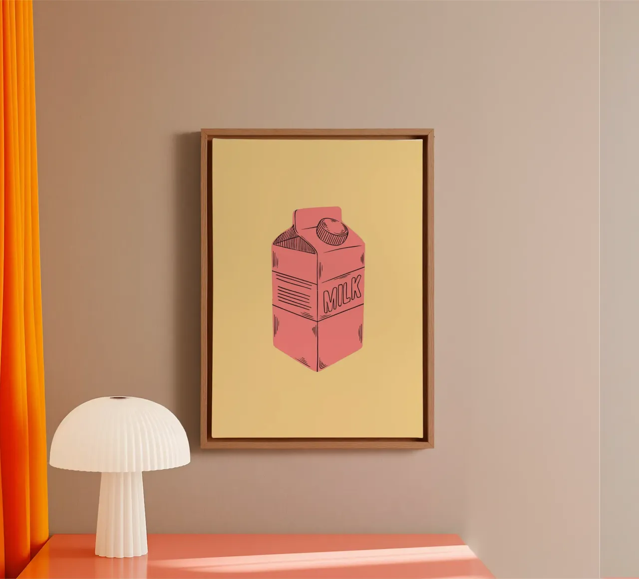 Retro Pink Milk Carton on Yellow Background Print tela con Cornice a cassetta da PrintCessStudio