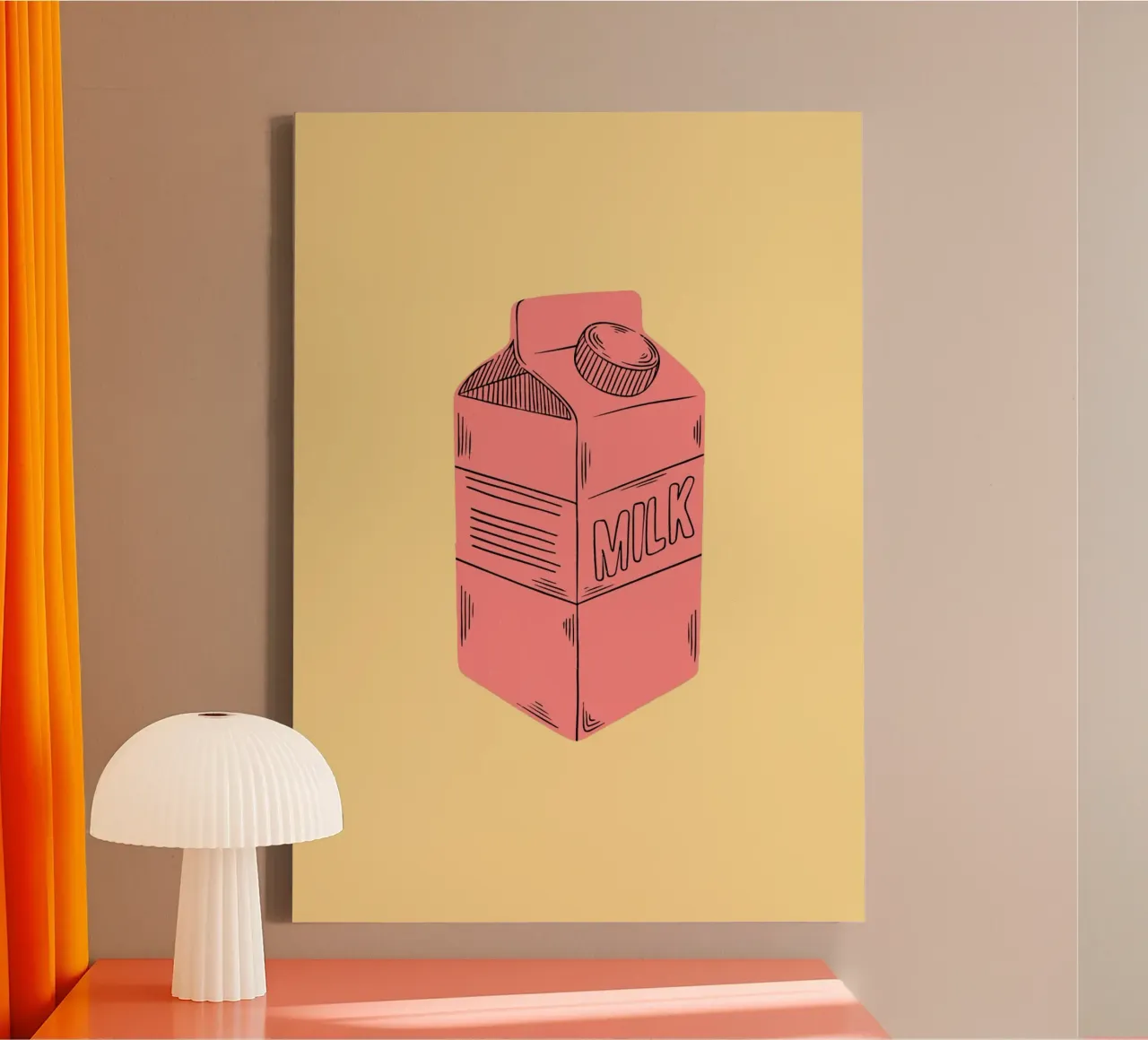 Retro Pink Milk Carton on Yellow Background Print tela con Cornice a cassetta da PrintCessStudio