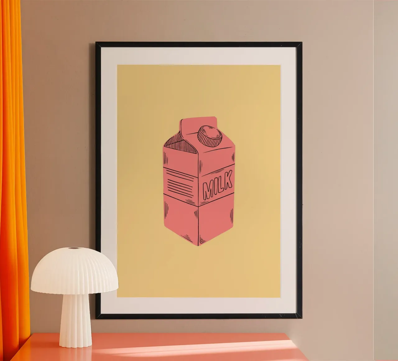 Retro Pink Milk Carton on Yellow Background Print carta hahnemühle da PrintCessStudio