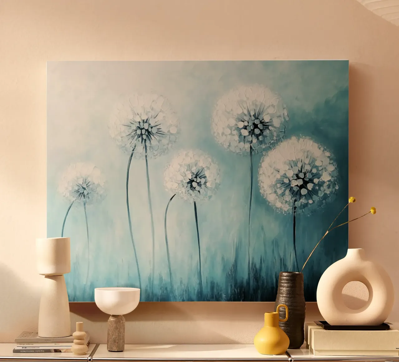 Dandelion Dreams in Blauw canvas van Modern Muse