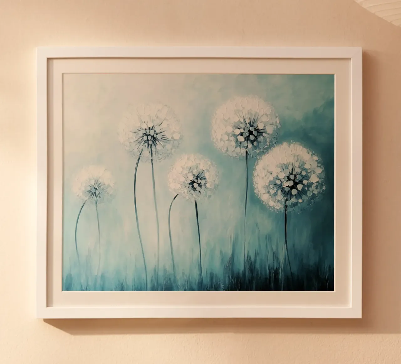 Sueños de diente de león en azul poster con marco de aluminio de Modern Muse