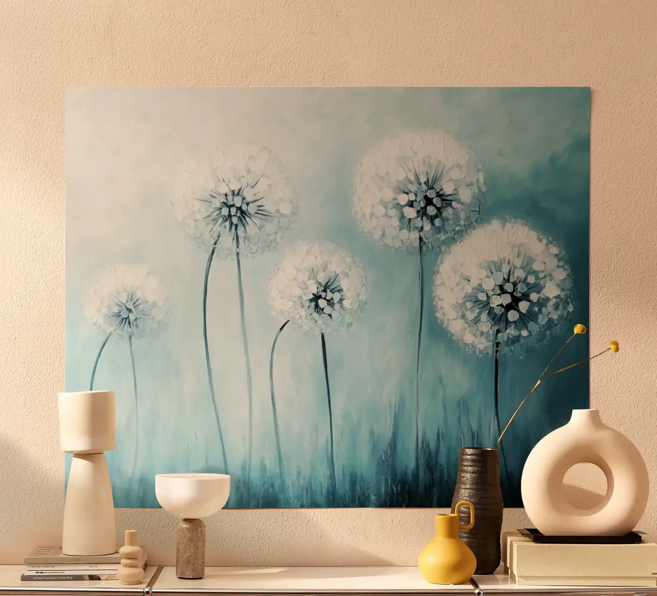 Sueños de diente de león en azul poster con marco de aluminio de Modern Muse
