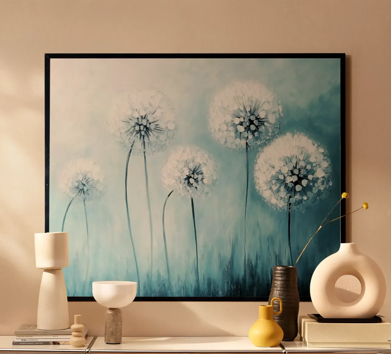 Sueños de diente de león en azul poster con marco de aluminio de Modern Muse