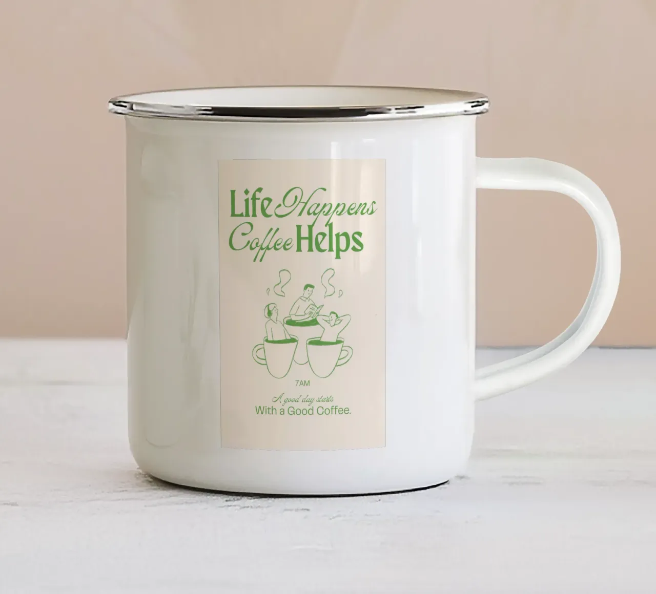 "Life Happens, Coffee Helps" Retro Print – Nostalgic & Cozy tazza in smalto da PrintCessStudio