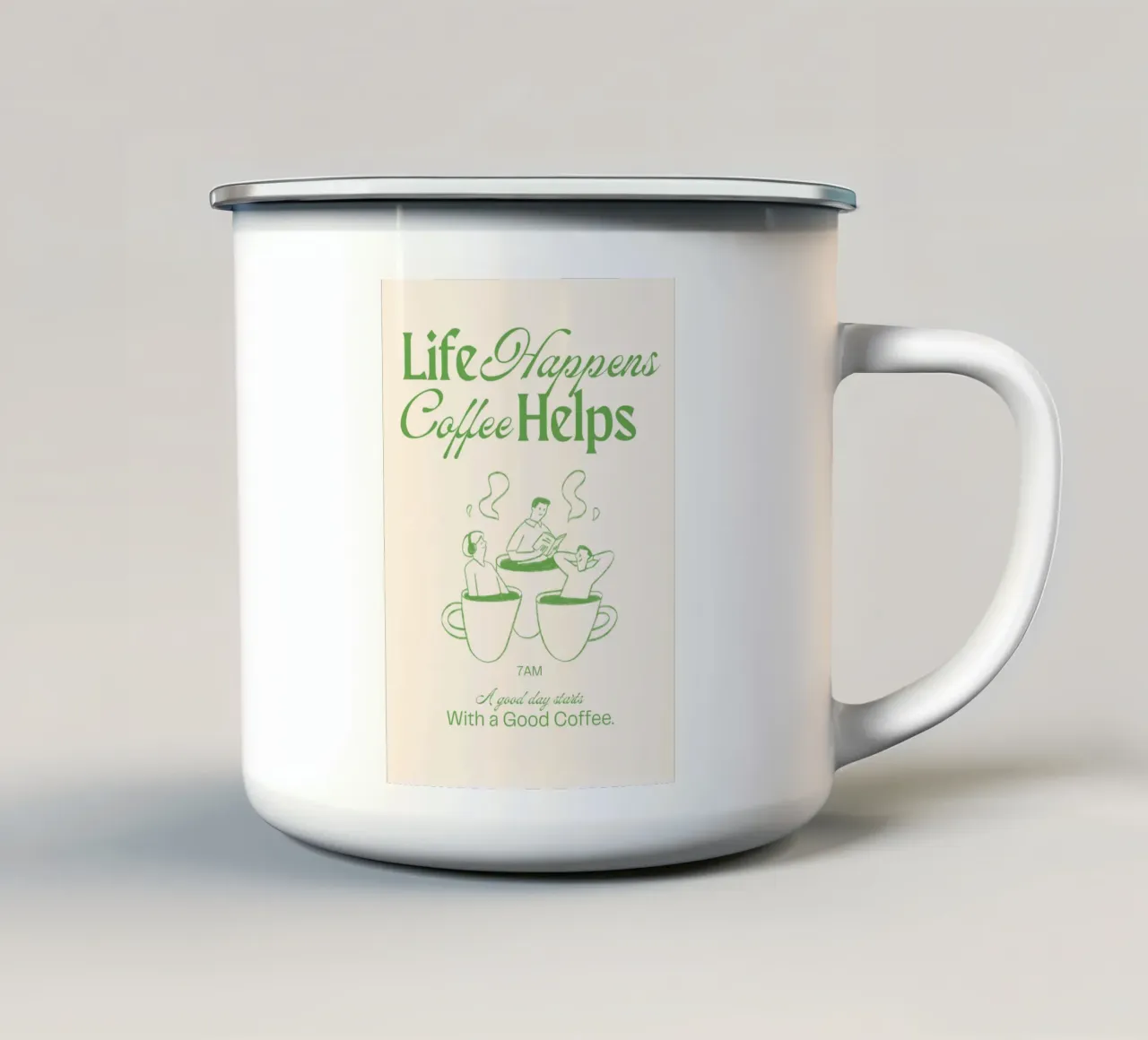 "Life Happens, Coffee Helps" Retro Print – Nostalgic & Cozy tazza in smalto da PrintCessStudio