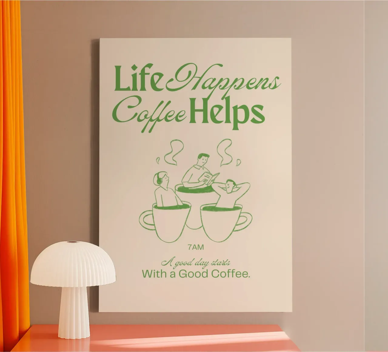 "Life Happens, Coffee Helps" Retro Print – Nostalgic & Cozy canvas van PrintCessStudio